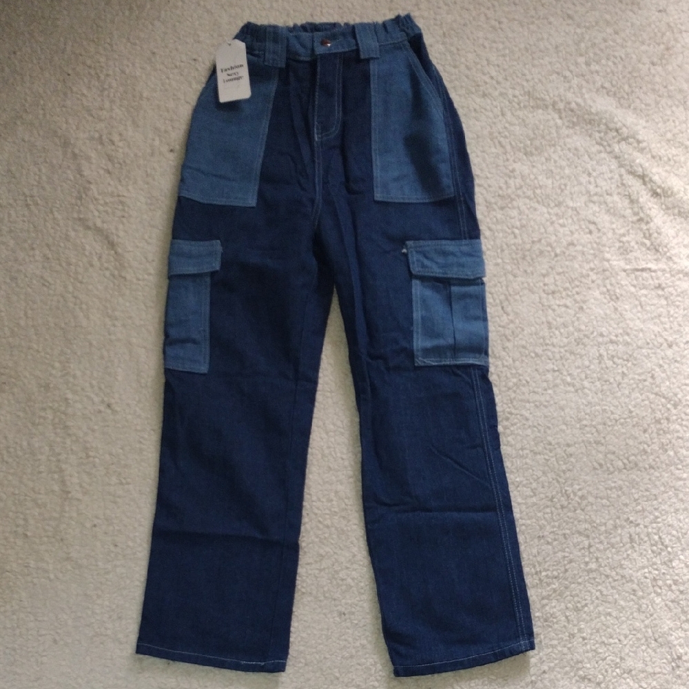 NWT 22x27 Blue Patchwork Cargo Jeans Elastic Waistband Straight Regular Fit